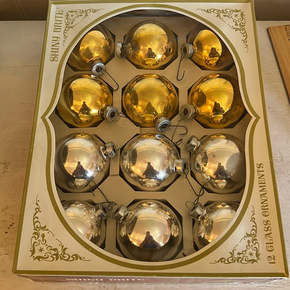 Vintage Shiny Brite large silver & gold glass Christmas Ornaments